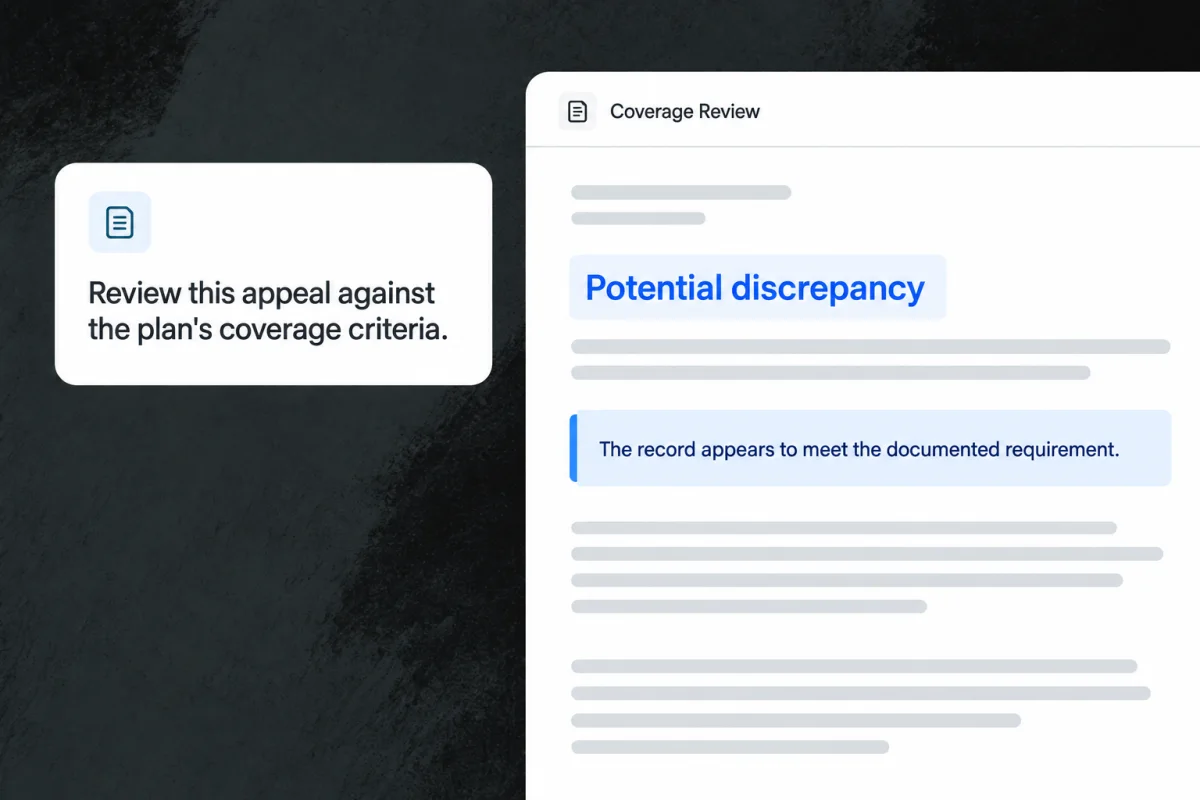 A healthcare coverage-review prompt beside a source-backed Timberline work product.