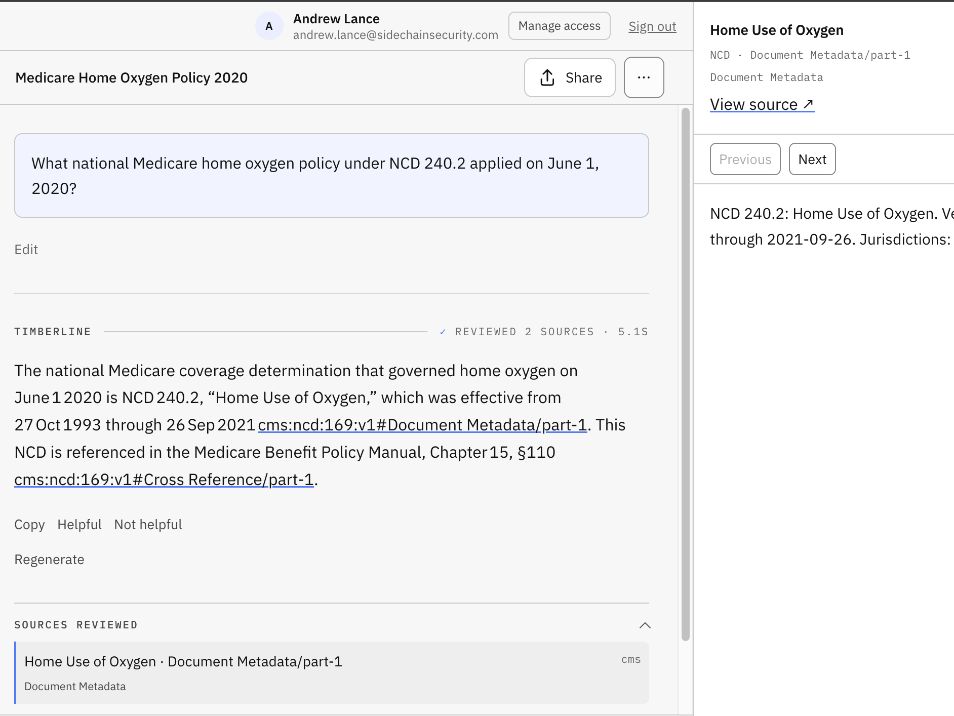 Timberline showing a sourced Medicare home-oxygen policy answer alongside its underlying document metadata.