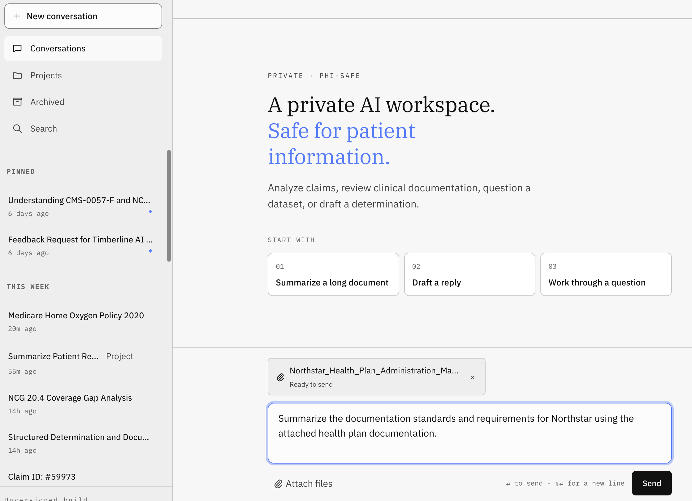 Timberline private AI workspace with a healthcare operations prompt and an attached health-plan document.