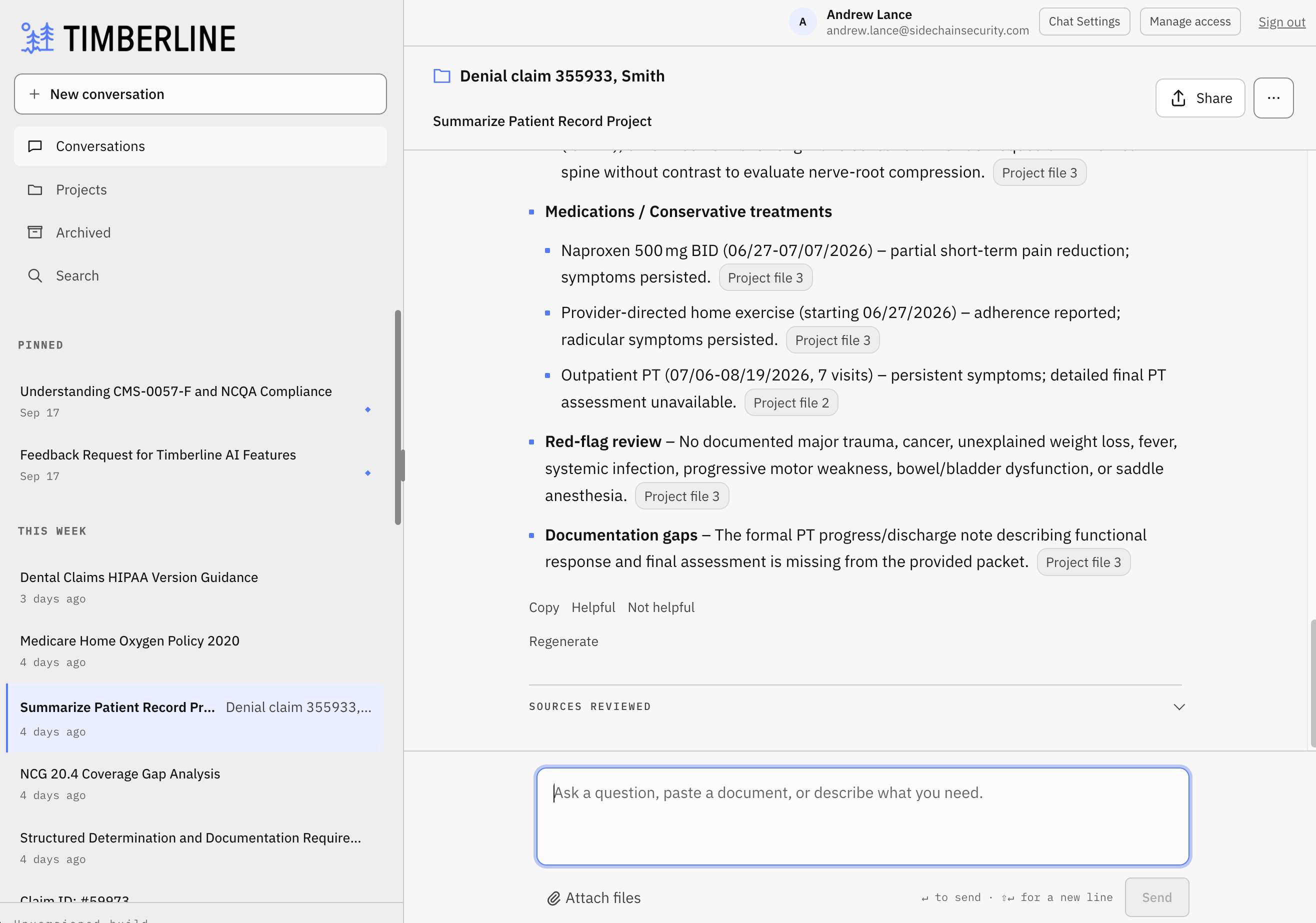 Timberline workspace showing a patient record summary with project sources and a follow-up conversation field.
