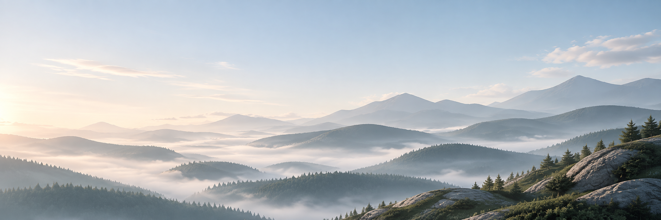 Forested mountain ridges above a mist-filled valley at sunrise.