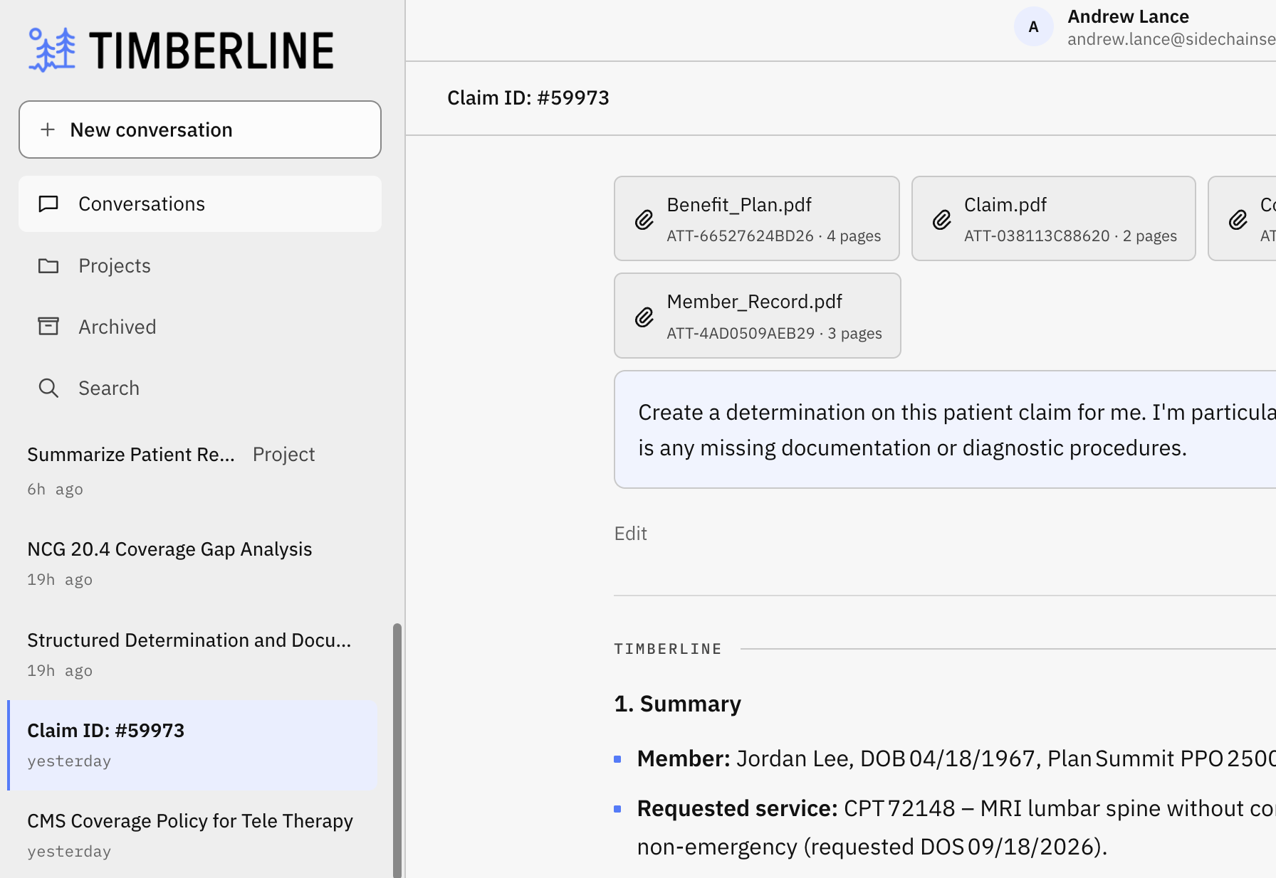 Timberline workspace showing conversations, attached claim documents, and a claim review summary.