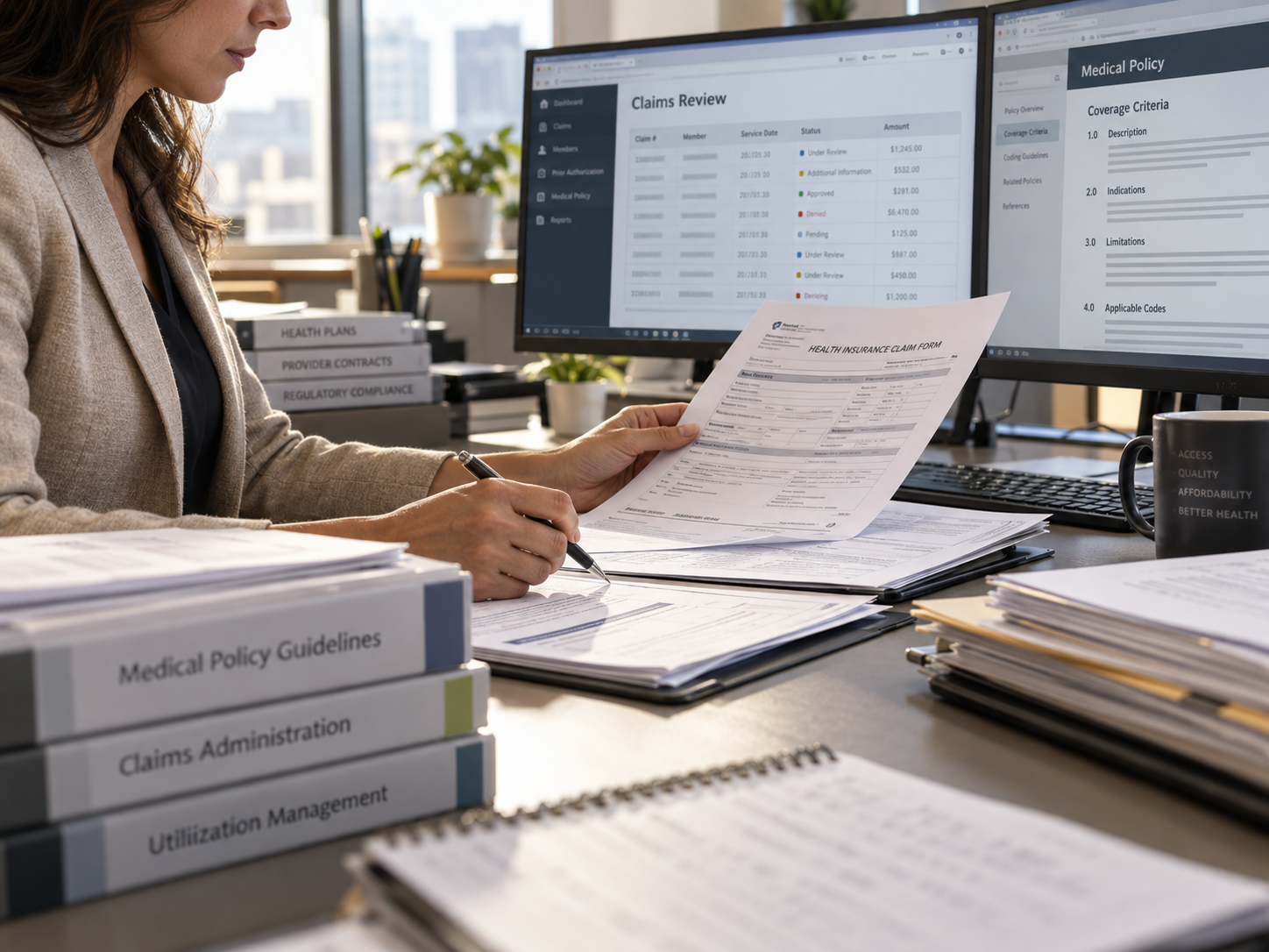 Healthcare professional reviewing a claim form alongside claims records and medical policy information.