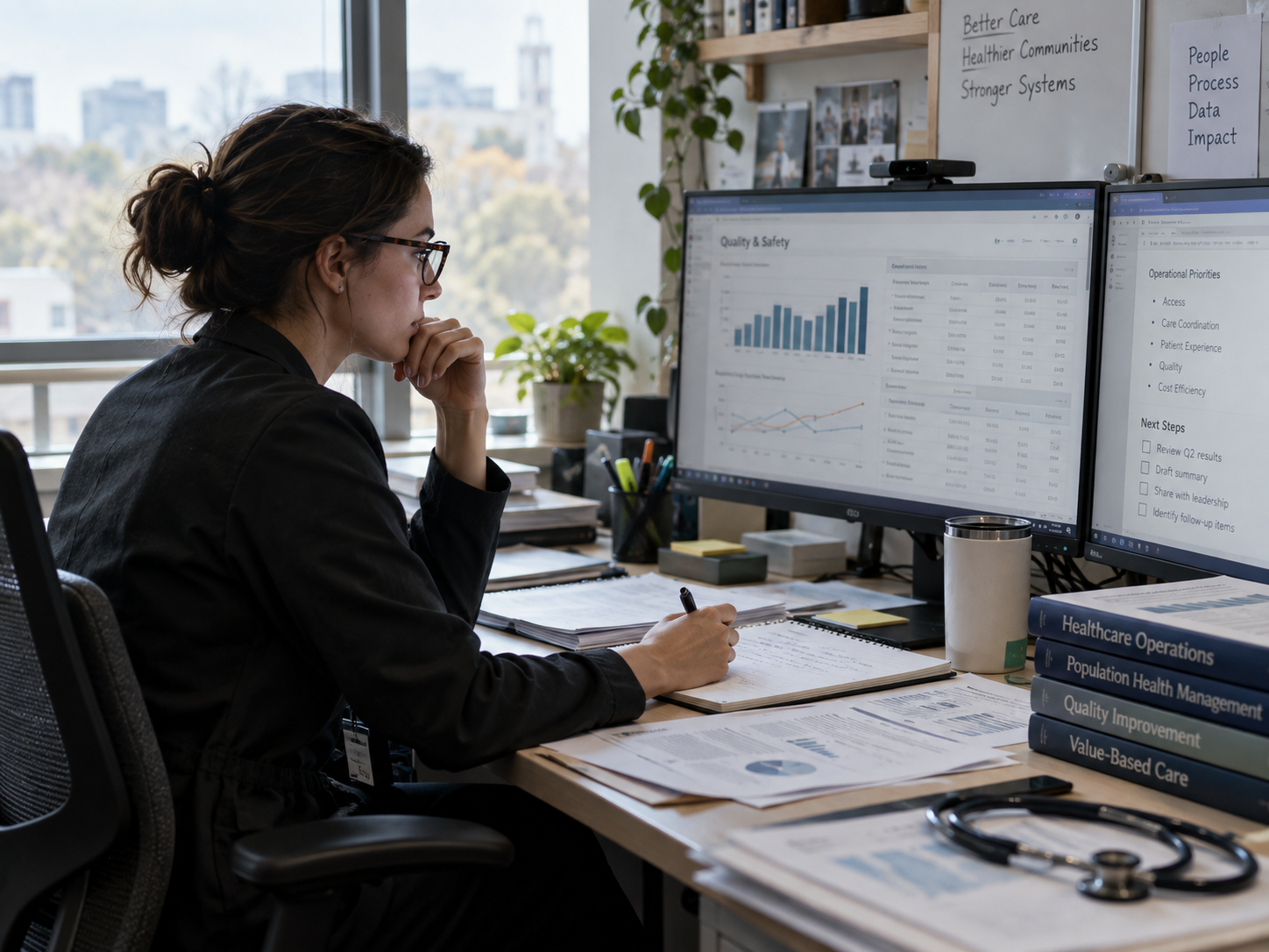 Healthcare professional reviewing operational reports and quality data at a workstation.