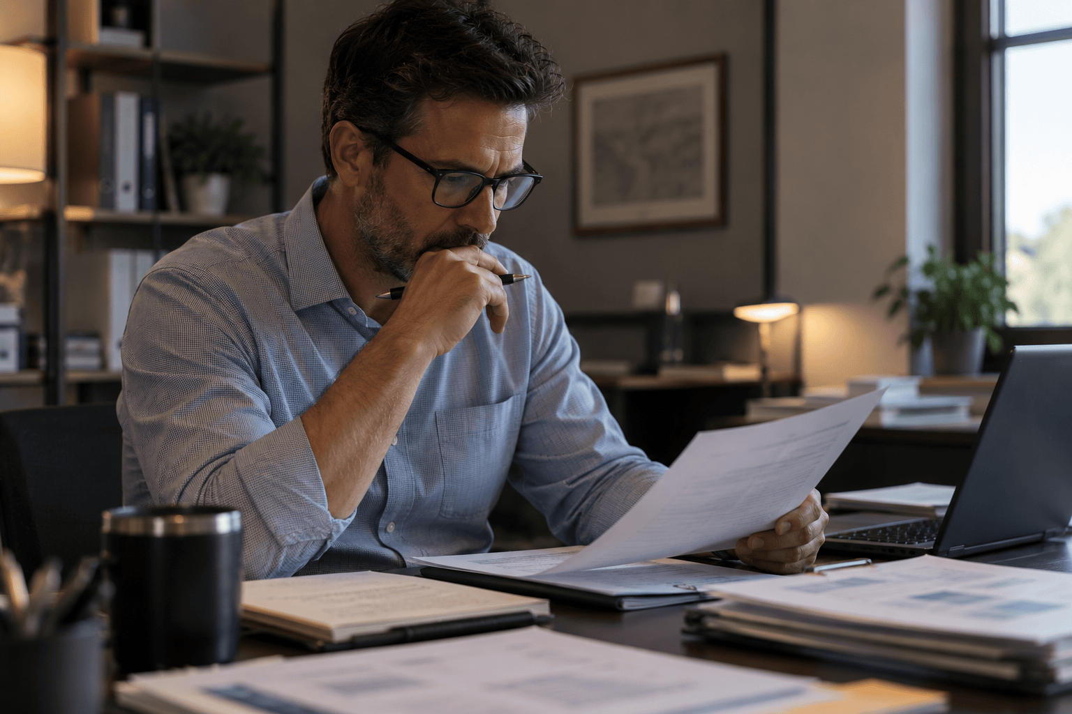 Healthcare operations professional reviewing documents at a desk beside a laptop.