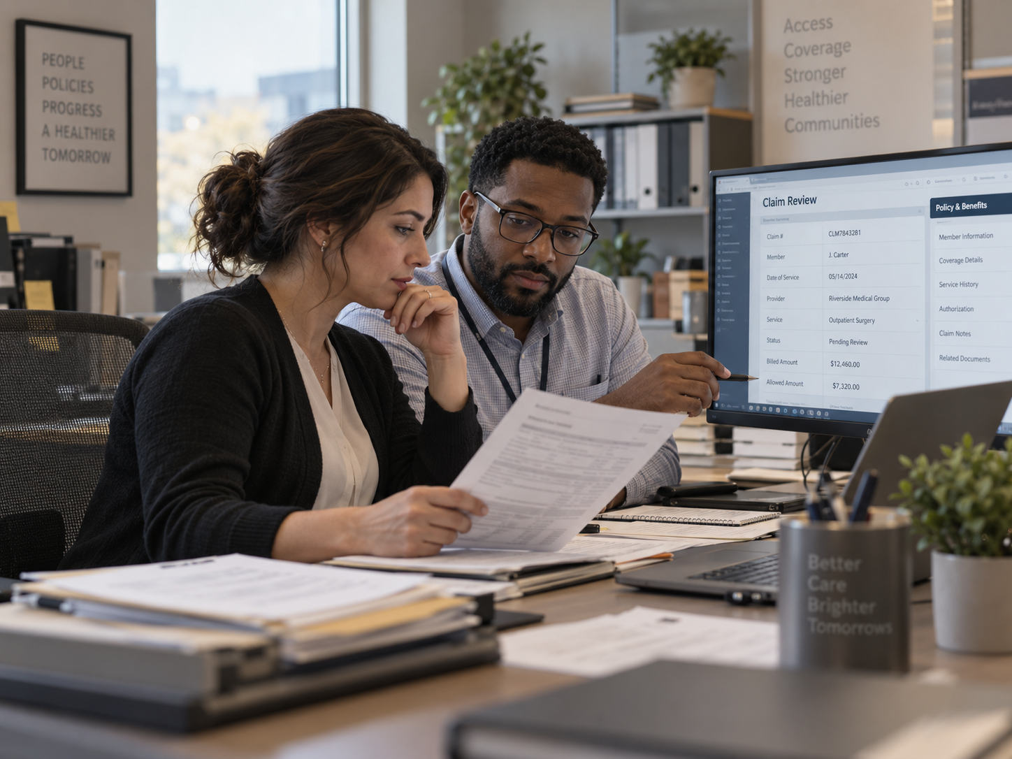 Two healthcare professionals reviewing documentation together at a workstation.