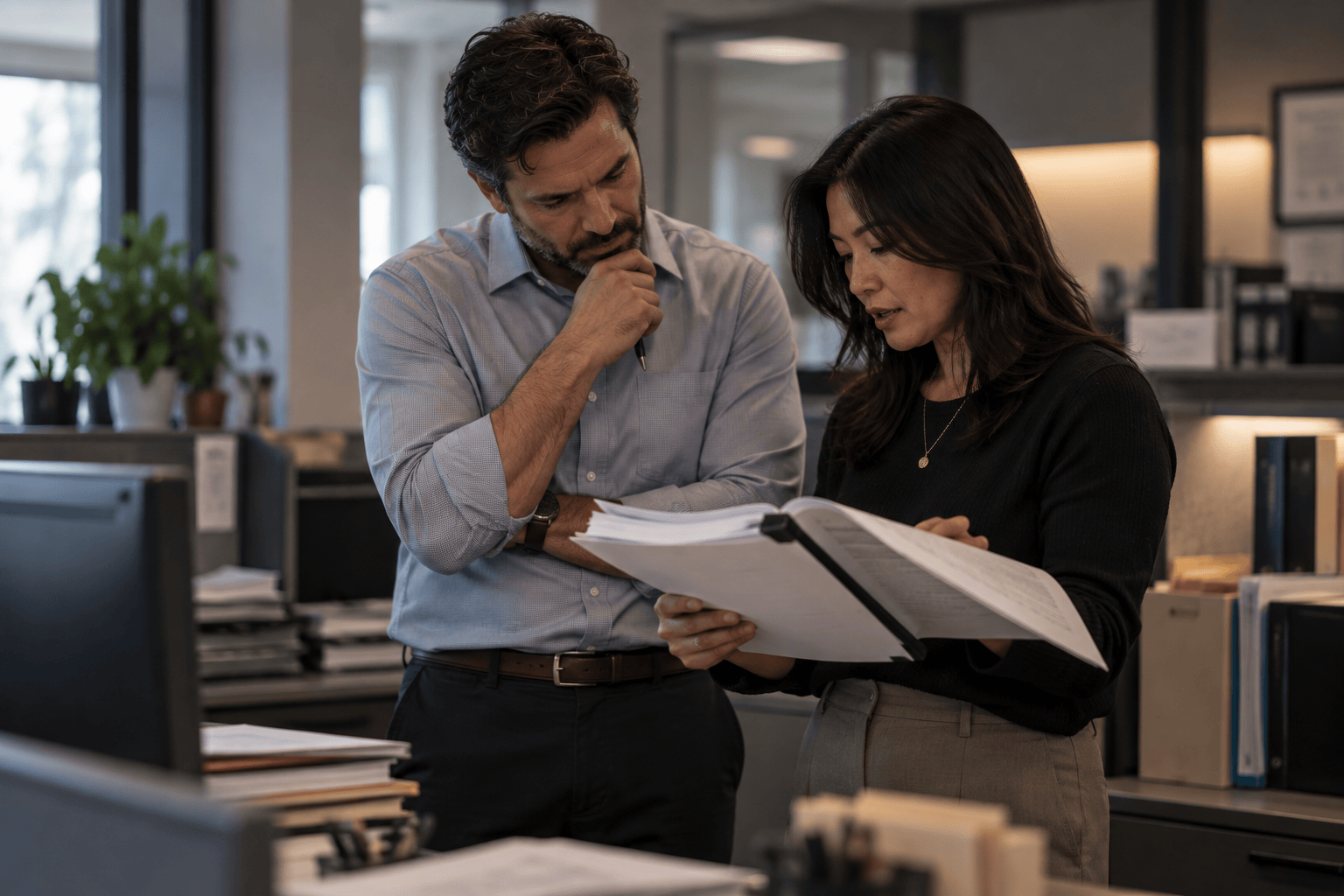 Two healthcare professionals reviewing policy documents together in an office.