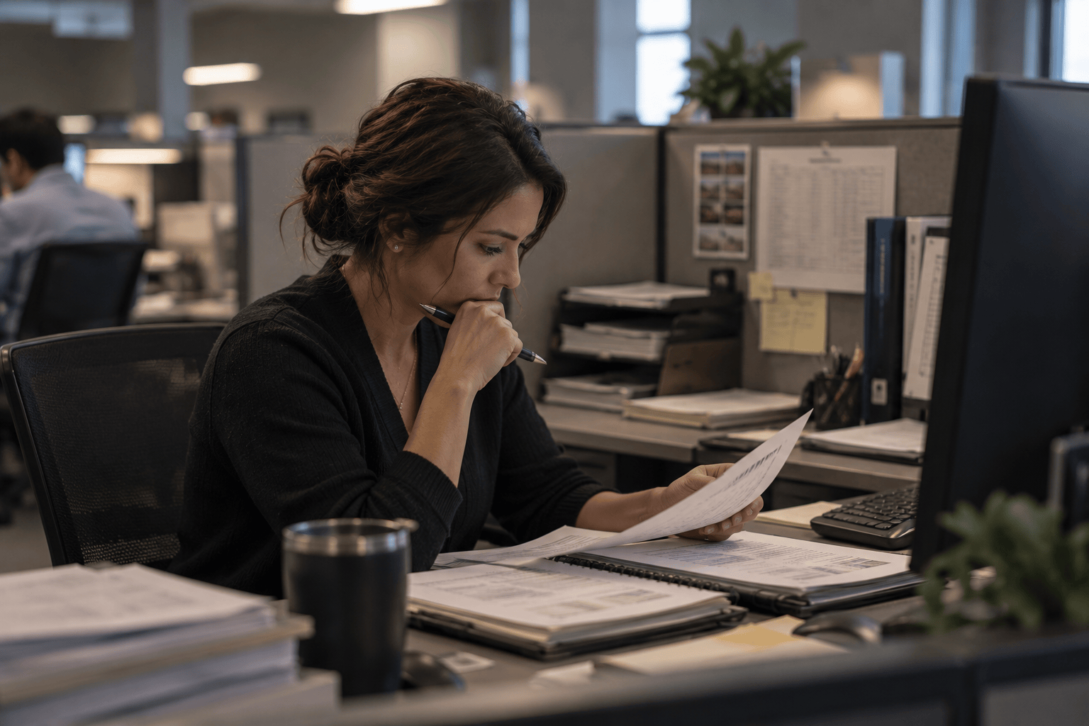 Healthcare reviewer examining case documents at an office workstation.