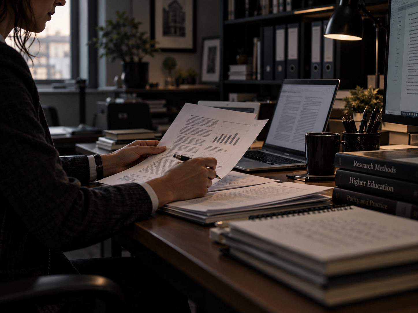 Researcher reviewing documents and findings at a desk with reference materials and a laptop.